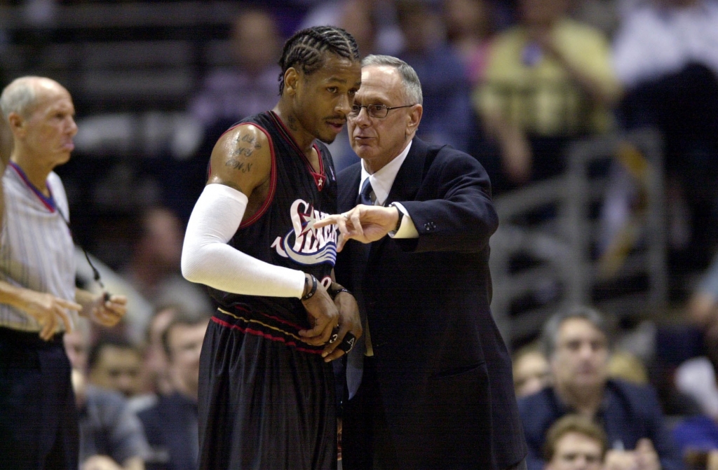 28 May 2001 Allen Iverson #3 and head coach Larry Brown of the Philadelphia 76ers in game four of the eastern conference finals against the Milwaukee Bucks at the Bradley Center in Milwaukee Wisconsin. The 76ers won 89-83. DIGITAL IMAGE. Mandatory C