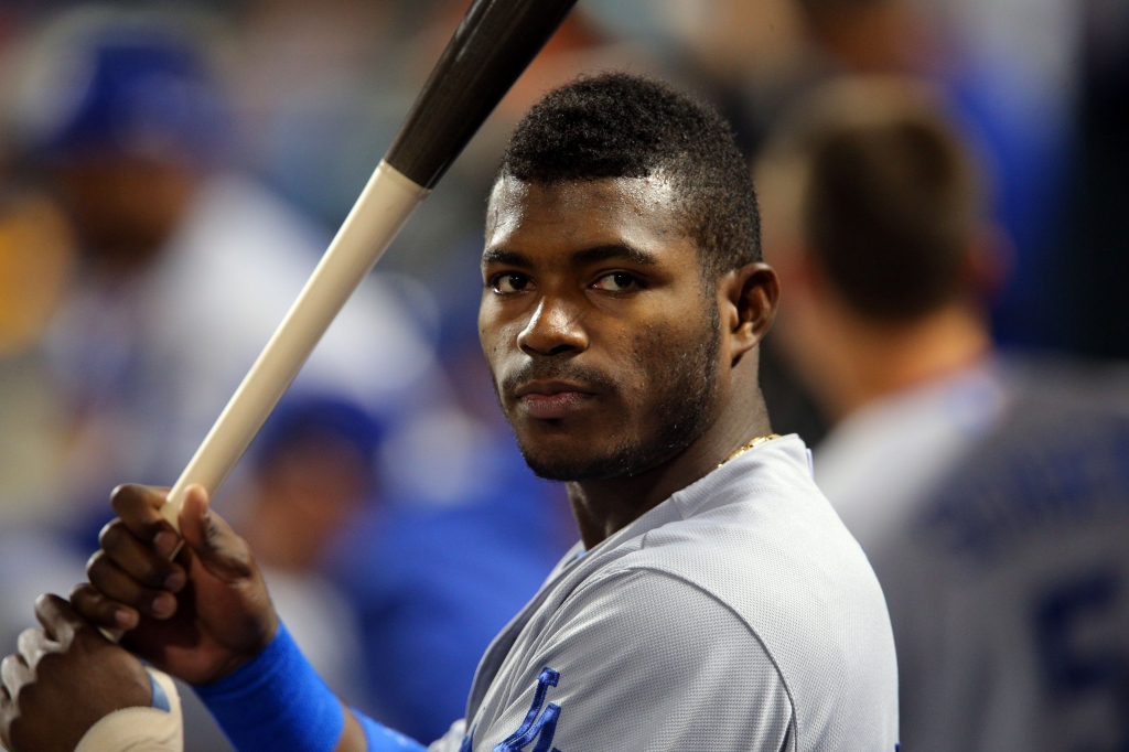 Oct 13 2015 New York City NY USA Los Angeles Dodgers right fielder Yasiel Puig in the dugout prior to game four of the NLDS against the New York Mets at Citi Field. Mandatory Credit Brad Penner-USA TODAY Sports