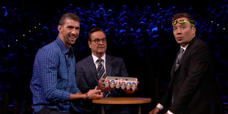 Michael Phelps playing egg russian roulette with Jimmy Fallon and co-host Steve Higgins