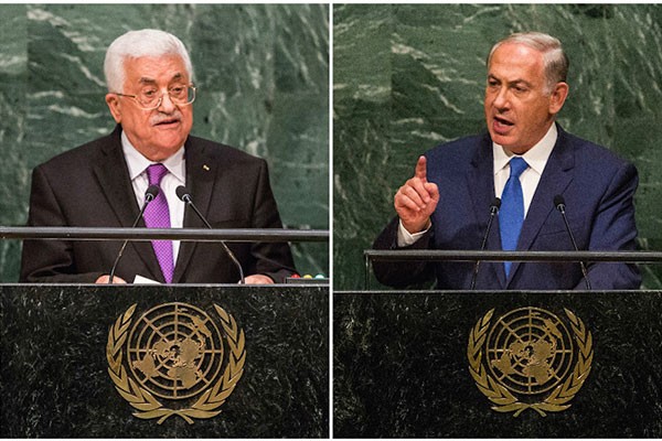 Palestinian Authority President Mahmoud Abbas left and Israeli Prime Minister Benjamin Netanyahu speaking at the U.N. General Assembly in New York City on Sept. 30 2015 and Oct. 1 2015 respectively