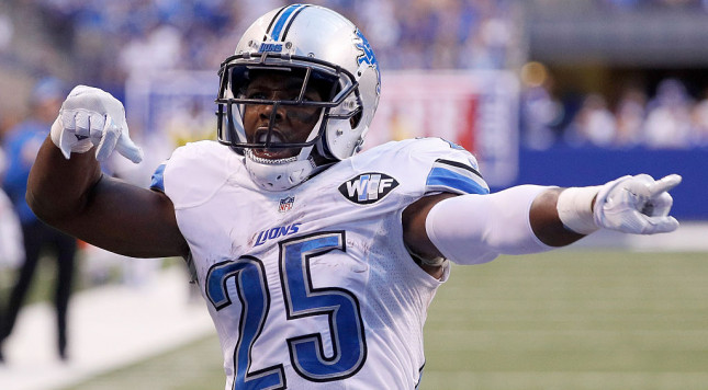 INDIANAPOLIS IN- SEPTEMBER 11 Theo Riddick #25 of the Detroit Lions celebrates in the fourth quarter of the game against the Indianapolis Colts at Lucas Oil Stadium