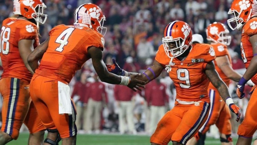 Jan 11 2016 Glendale AZ USA Clemson Tigers running back Wayne Gallman celebrates with Deshaun Watson after scoring on a 1 yard run during the third quarter in the 2016 CFP National Championship at University of Phoenix Stadium. Mandatory Cred