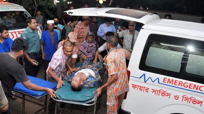 A Bangladeshi resident is brought to a hospital for treatment following an explosion at a chemical factory in the Chittagong port city in southeastern Bangladesh