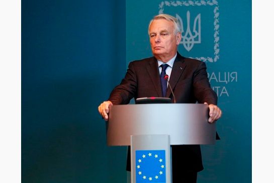 French Foreign Minister Jean Marc Ayrault attends a joint news conference with Ukrainian Foreign Minister Pavlo Klimkin and German Foreign Minister Frank Walter Steinmeier after a meeting with Ukrainian President Petro Poroshenko in Kiev Ukraine Wednes