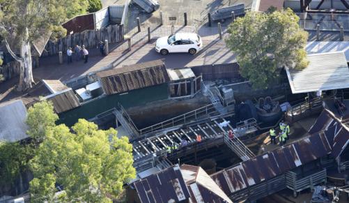 An aerial view shows Queensland Emergency service personnel at Dreamworld in Coomera Queensland