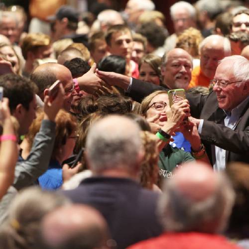 Sanders I-Vt. greets the crowd after speaking during a campaign stop for Democratic presidential candidate Hillary Clinton and Russ Feingold Democratic candidate for the U.S. Senate at Monona Terrace Community and Convention Center