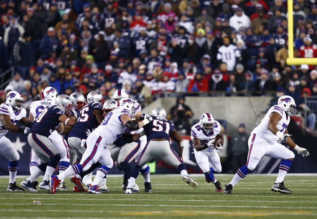 Nov 23 2015 Foxborough MA USA Buffalo Bills running back Le Sean McCoy runs the ball against the New England Patriots during the first half at Gillette Stadium. Mandatory Credit Mark L. Baer-USA TODAY Sports