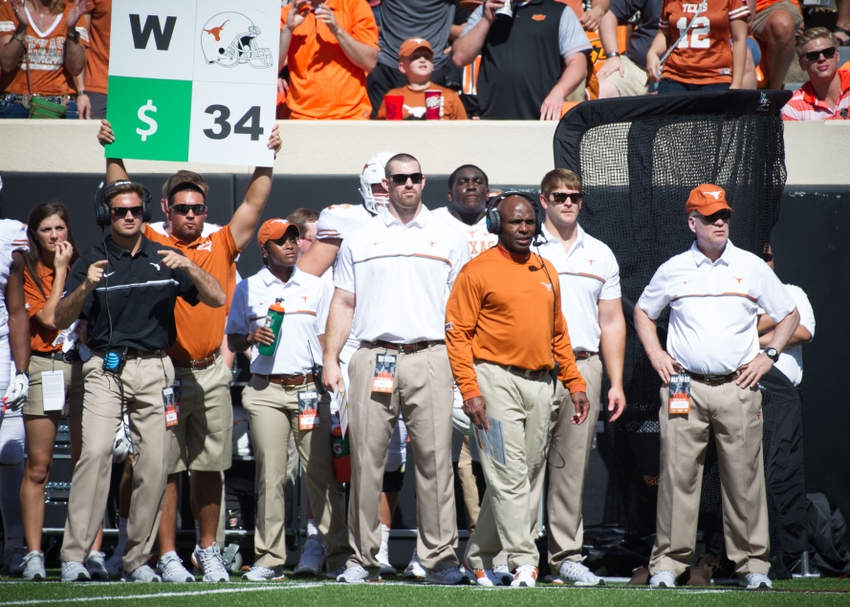 Oct 1 2016 Stillwater OK USA Texas Longhorns head coach Charlie Strong reacts during the first half against the Oklahoma State Cowboys at Boone Pickens Stadium. Mandatory Credit Rob Ferguson-USA TODAY Sports