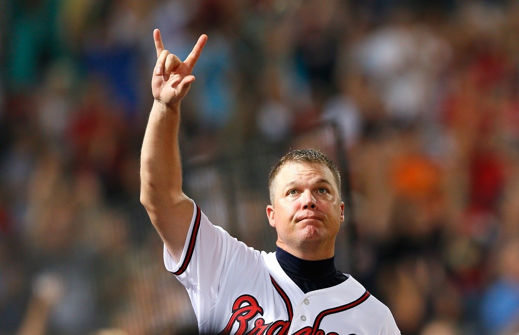 ATLANTA GA- JULY 03 Chipper Jones #10 of the Atlanta Braves reacts after hitting a single in the eighth inning against the Chicago Cubs at Turner Field