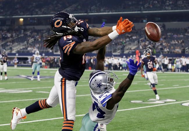 Chicago Bears wide receiver Kevin White is unable to reach a pass from Brian Hoyer as Dallas Cowboys&#39 Morris Claiborne defends in the second half of an NFL football game Sunday Sept. 25 2016 in Arlington Texas