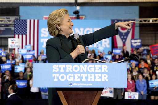 Democratic presidential candidate Hillary Clinton points to the crowd while speaking at a rally at Cuyahoga Community College in Cleveland Friday Oct. 21 2016