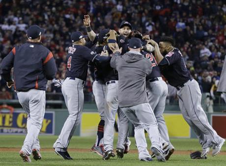 The Cleveland Indians celebrate their 4-3 win over the Boston Red Sox in Game 3 of baseball's American League Division Series Monday Oct. 10 2016 in Boston