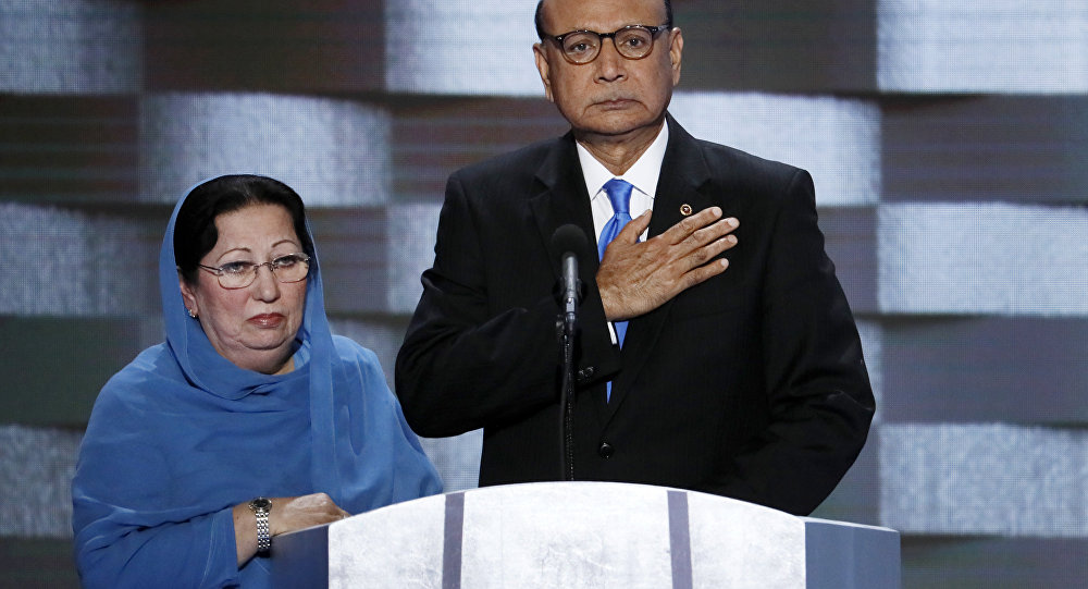 Khizr Khan father of fallen US Army Capt. Humayun S. M. Khan and his wife Ghazala speak during the final day of the Democratic National Convention in Philadelphia, Thursday