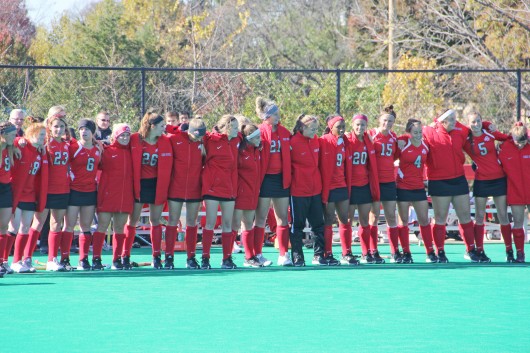 Members of the Ohio State field hockey team sing'Carmen Ohio after a 2-1 loss to Michigan on Nov. 2 at Buckeye Varsity Field. Credit Lantern file