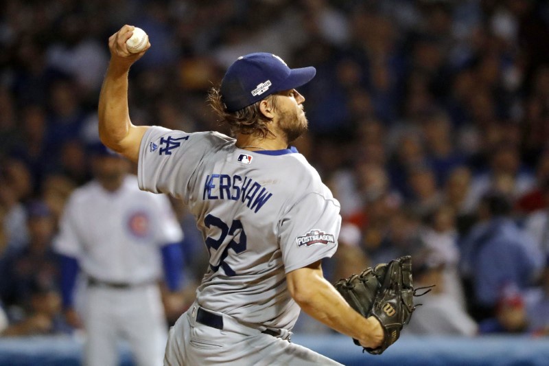 Oct 16 2016 Chicago IL USA Los Angeles Dodgers starting pitcher Clayton Kershaw pitches during the fifth inning against the Chicag