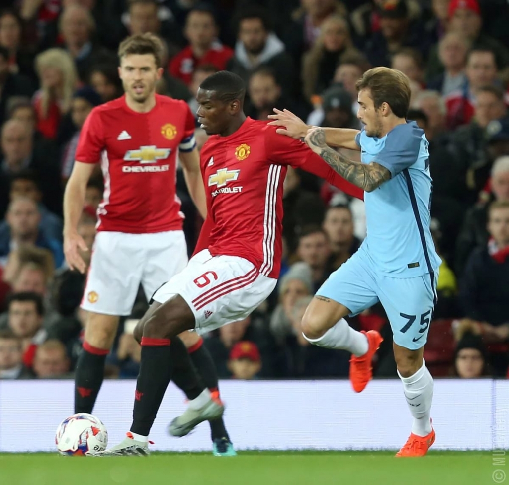 Paul Pogba in action in the League Cup against Manchester City