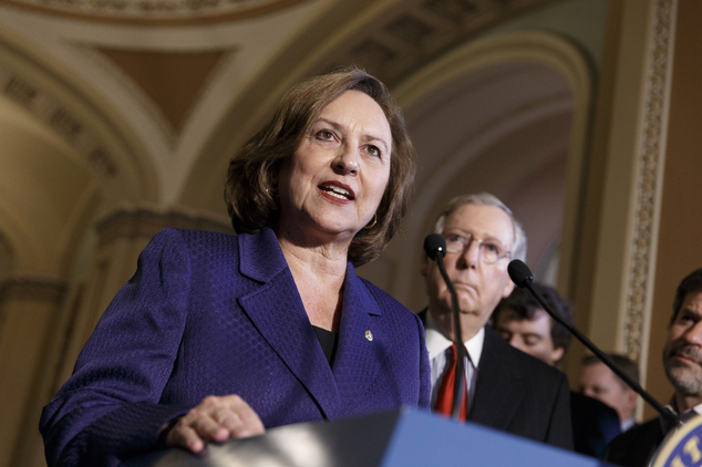 Sen. Deb Fischer R-Neb. accompanied by Senate Minority Leader Mitch Mc Connell of Ky. talks during a news conferen