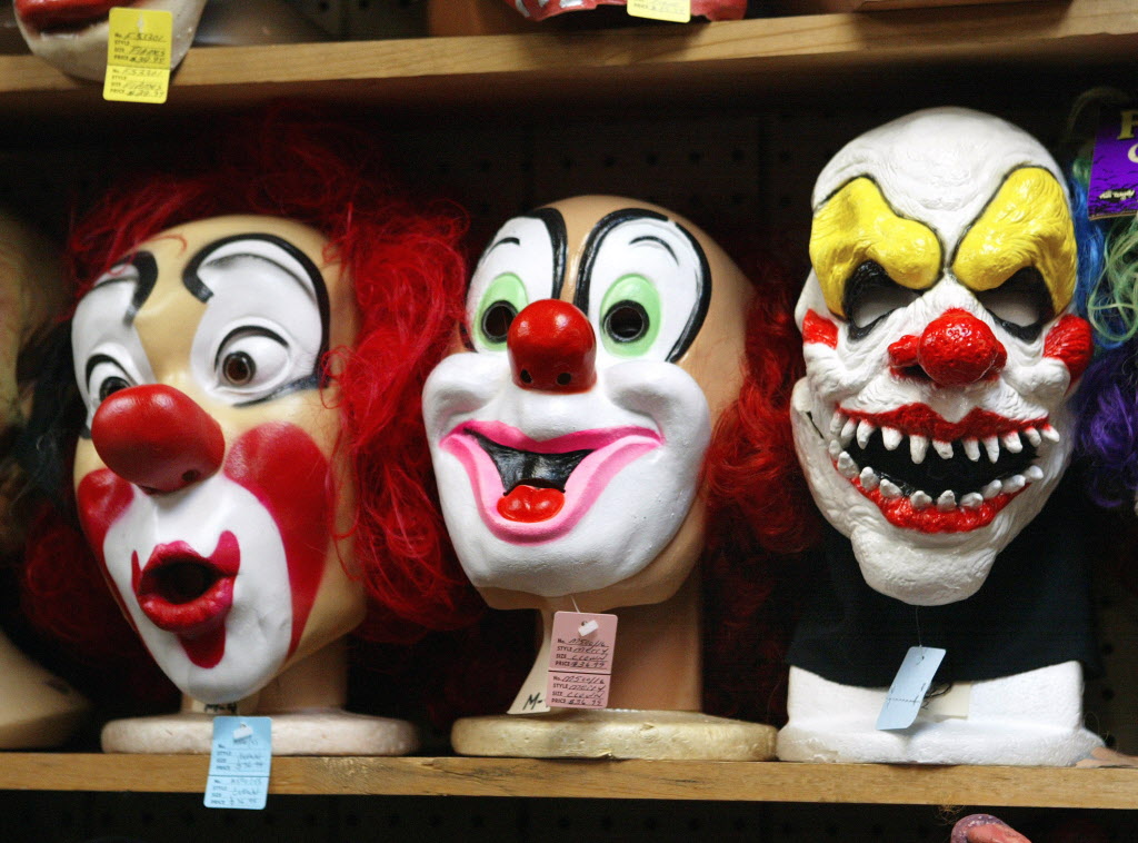 Clown masks are displayed at the Fantasy Costumes HDQ. store