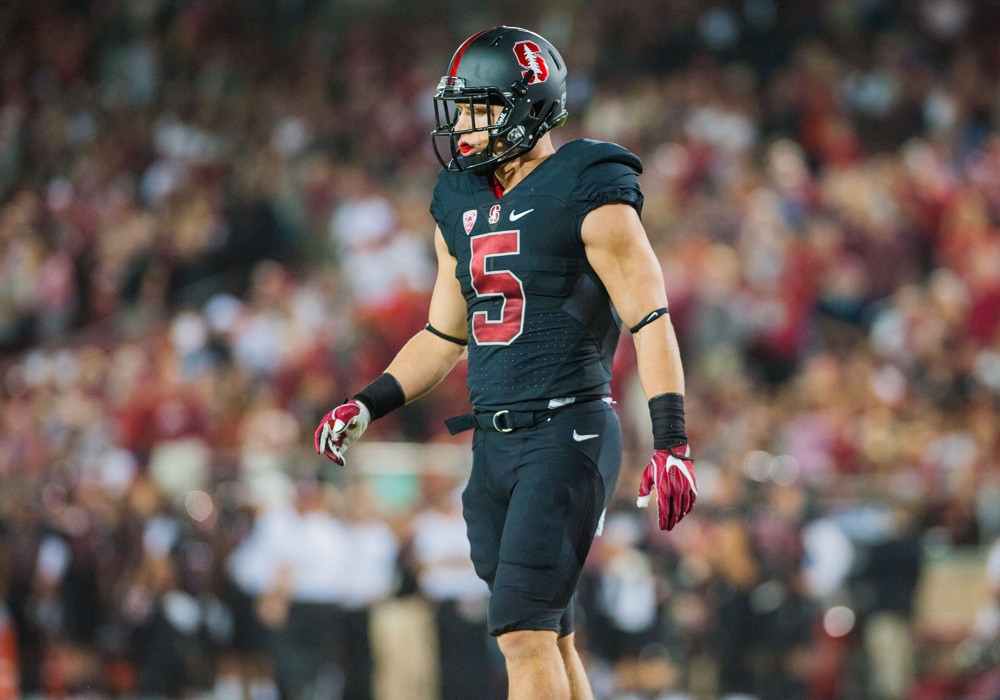 Stanford Cardinal running back Christian Mc Caffrey during the PAC-12 Conference game between #16 Stanford Cardinal verses the Washington State Cougars at Stanford Stadium in Palo Alto CA