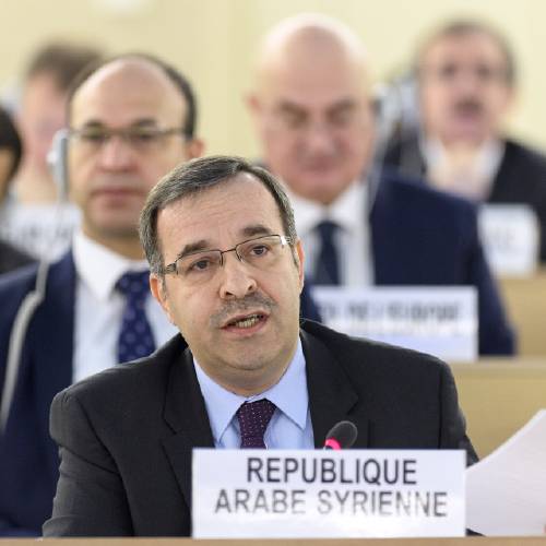 Ala ambassador of the Permanent Representative Mission of Syria to Geneva speaks during the Human Rights Council that holds its 25th special session on the human rights situation in Aleppo at the UN headquarters in Geneva Switzerla