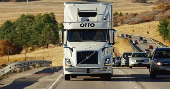 The Otto self-driving semi-trailer truck cruising down I-25 without a driver behind the wheel.  	  		Credit	  		  		Otto