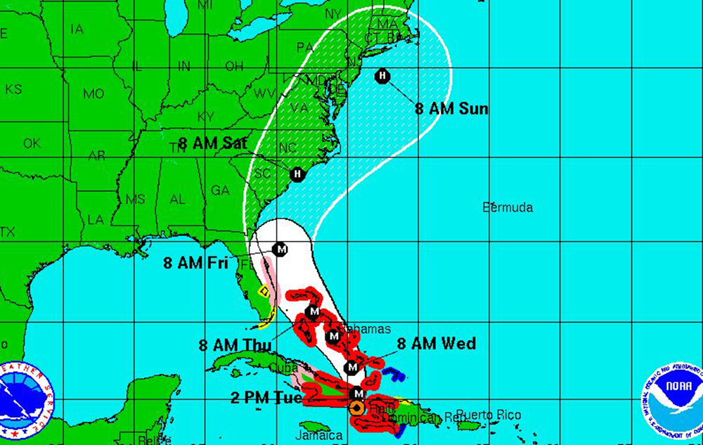 The projected path of Hurricane Matthew as of 2 p.m. Tuesday