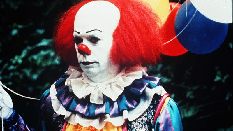 This is not the clown in question. Here Tim Curry shown as Pennywise in a 1990 TV adaptation of Stephen King's'It. The Kobal Collection via NPR