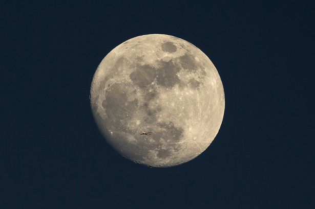 A plane flies past the moon at sunset