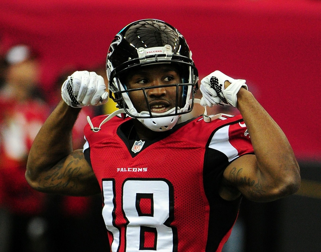 ATLANTA GA- NOVEMBER 27 Taylor Gabriel #18 of the Atlanta Falcons stands on the field prior to the game against the Arizona Cardinals at the Georgia Dome