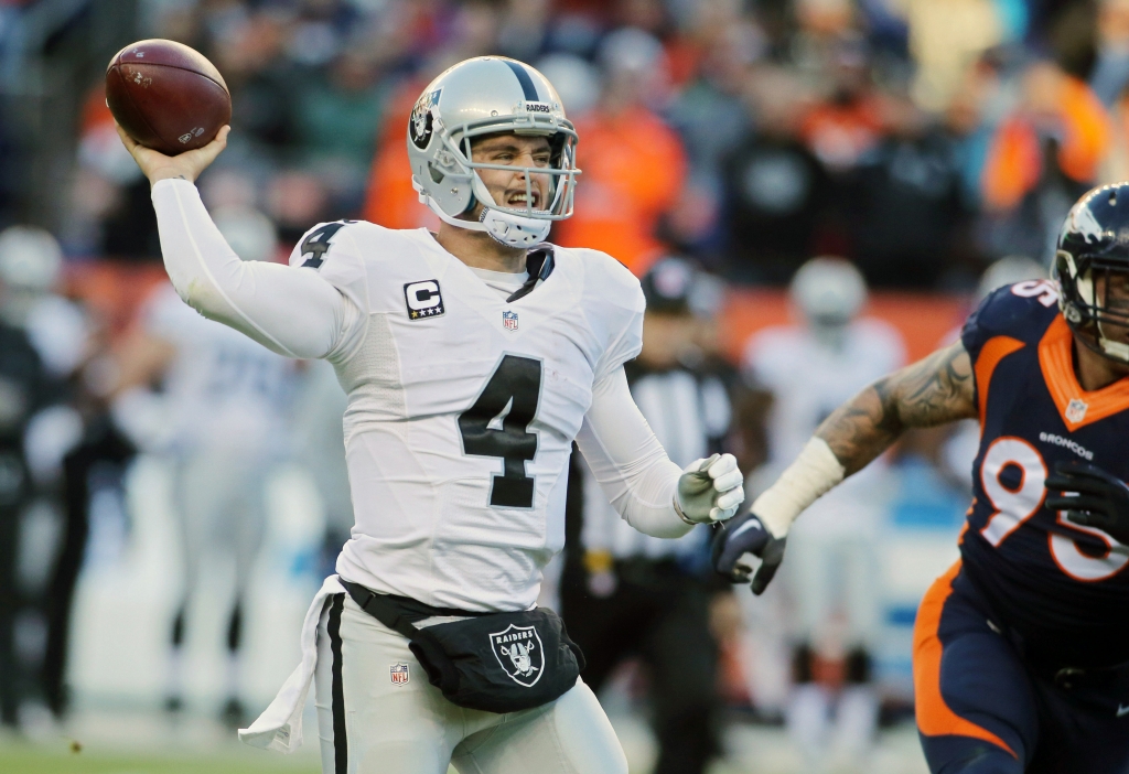 Dec 13 2015 Denver CO USA Oakland Raiders quarterback Derek Carr passes the ball during the second half against the Denver Broncos at Sports Authority Field at Mile High. The Raiders won 15-12. Mandatory Credit Chris Humphreys-USA TODAY Sports