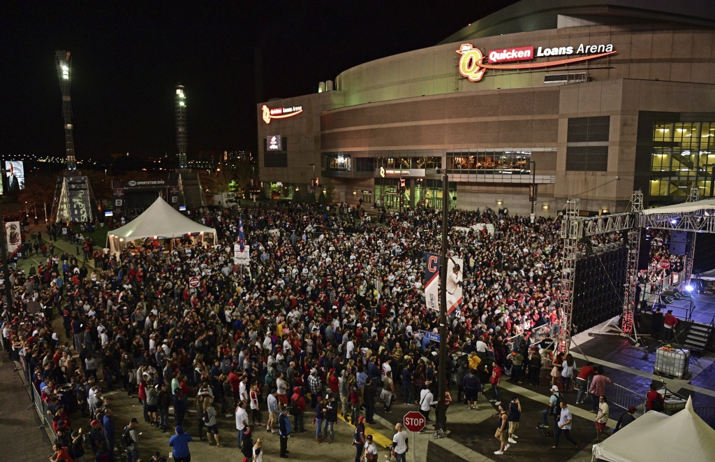 Cleveland Indians fans stand during a during a watch party for Game 6 of the baseball World Series between the Indians and the Chicago Cubs outside Progressive Field Tuesday Nov. 1 2016 in Cleveland. The Cubs won 9-3 to send the series to Game 7 (AP