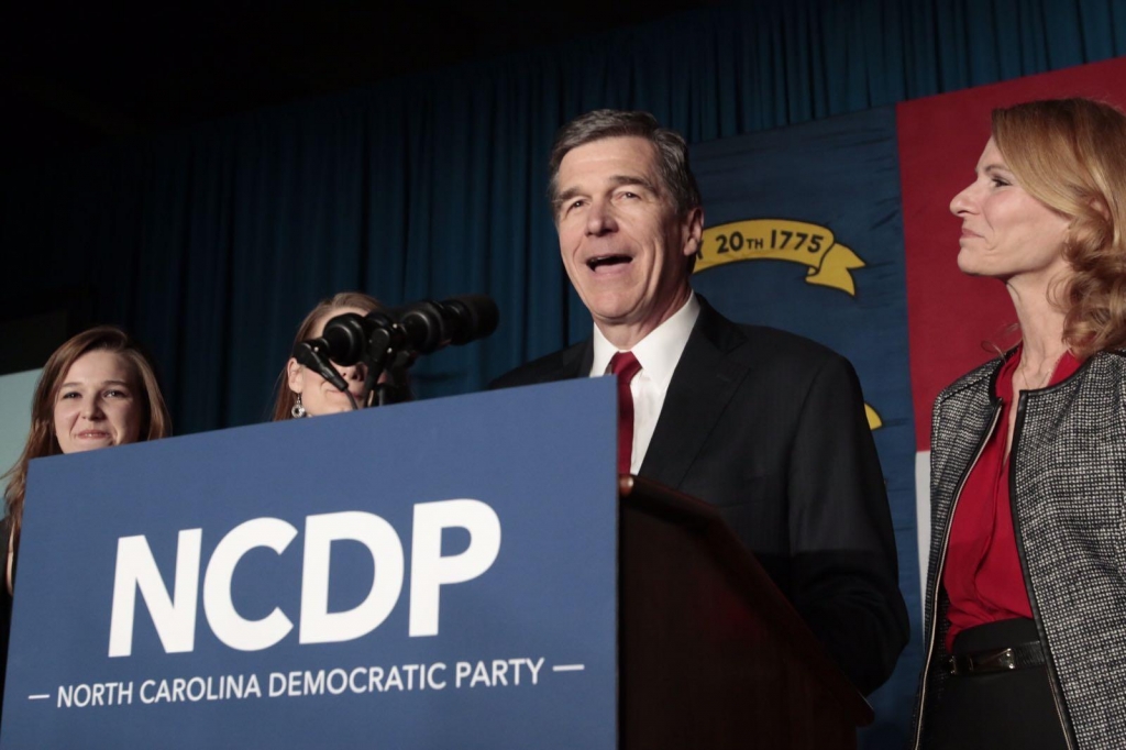 Democratic gubernatorial candidate Roy Cooper addresses supporters at a rally in Raleigh on Election night