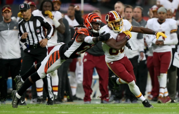 Washington Redskins wide receiver Jamison Crowder is tackled by Cincinnati Bengals corner back Dre Kirkpatrick during the NFL International Series match at Wembley Stadium on Sunday