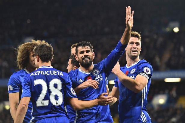 Chelsea's Diego Costa celebrates after scoring their third goal