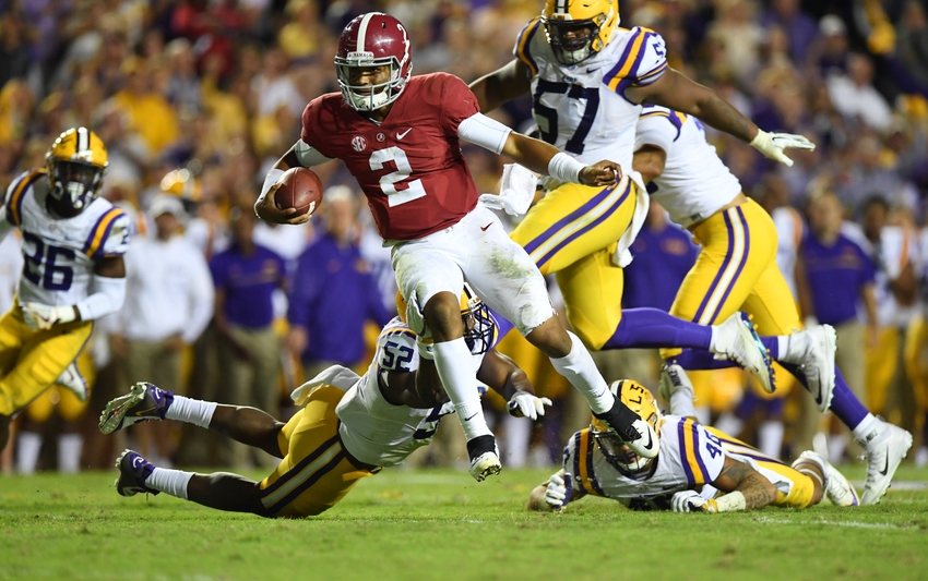 Nov 5 2016 Baton Rouge LA USA Alabama Crimson Tide quarterback Jalen Hurts carries for a 21 yard touchdown against the LSU Tigers during the fourth quarter at Tiger Stadium. Mandatory Credit John David Mercer-USA TODAY Sports