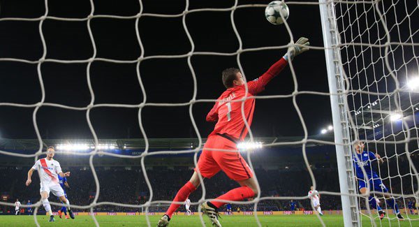 Leicester City’s Shinji Okazaki scores his sides opening goal at the King Power Stadium