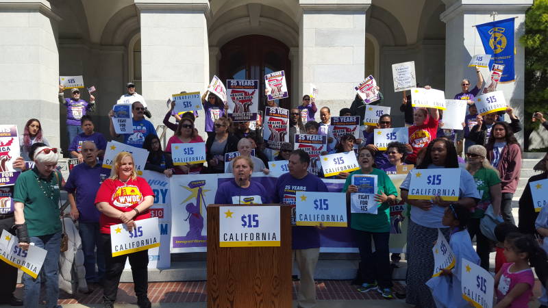 Nov 9 2016 The California ReportLeft Supporters of a $15 per hour minimum wage rally outside the Capitol