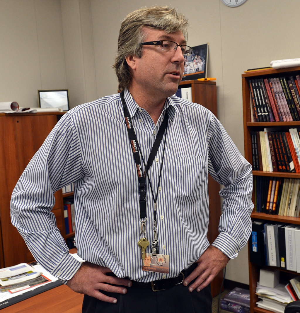 Todd Whitmire principal of Pittsburg High School talks to the media about his decision to suspend students because of comments they made on social media sites about a fight that took place last week on campus in Pittsburg Calif. on Wednesday Oct. 9