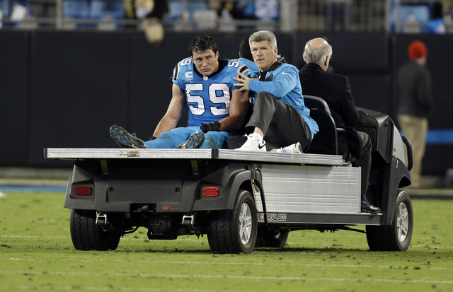 ASSOCIATED PRESS           Carolina Panthers’ Luke Kuechly is taken off the field after being injured in the second half of an NFL football game against the New Orleans Saints in Charlotte N.C