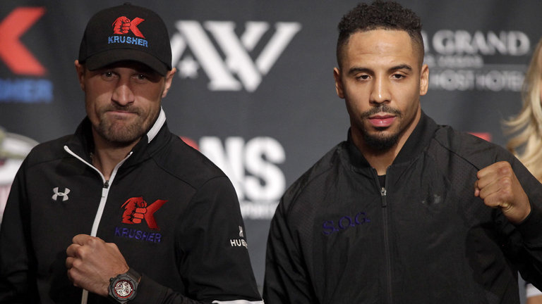 Sergey Kovalev and Andre Ward pose in Las Vegas on Thursday