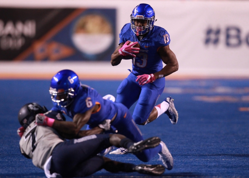 Oct 1 2016 Boise ID USA Boise State Broncos running back Jeremy Mc Nichols follows the block of wide receiver Chaz Anderson during the second half versus the Utah State Aggies at Albertsons Stadium. Boise State defeats Utah State 21-10. Manda