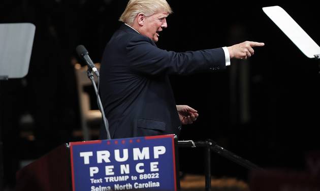 Republican presidential candidate Donald Trump gestures as he speaks during a campaign rally Thursday Nov. 3 2016 in Selma N.C