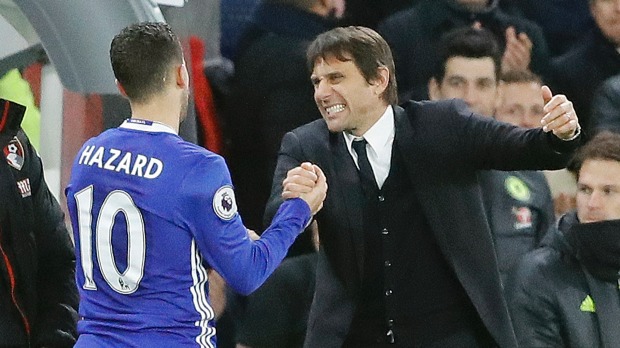 Chelsea's Eden Hazard and Antonio Conte celebrate their win