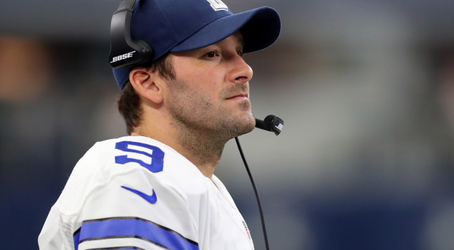 ARLINGTON TX- NOVEMBER 20 Tony Romo #9 of the Dallas Cowboys looks on as the Dallas Cowboys take on the Baltimore Ravens in the fourth quarter at AT&T Stadium