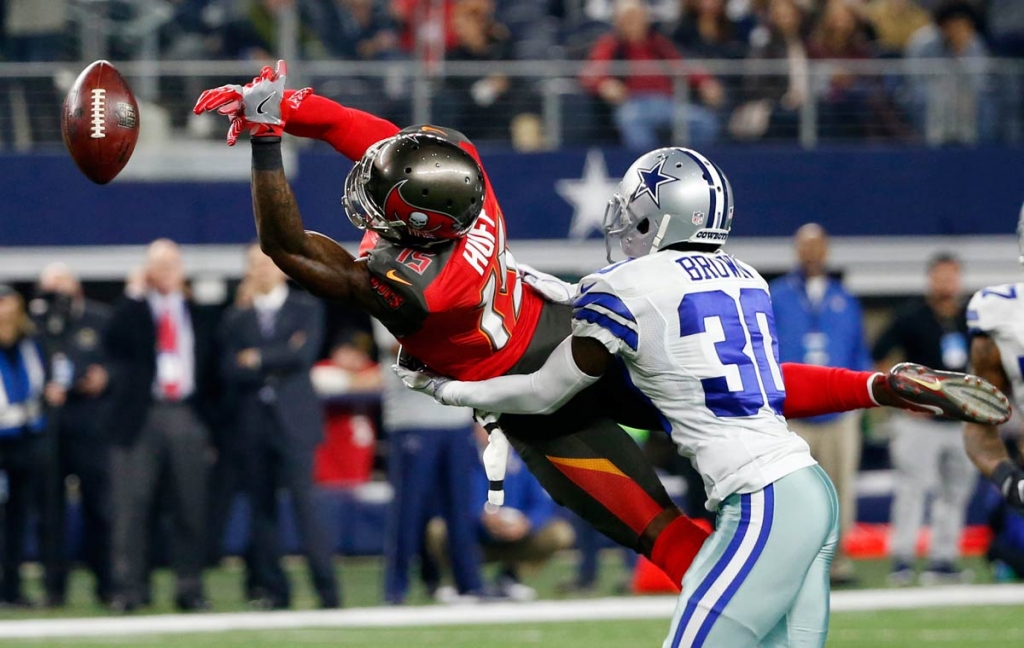 Tampa Bay Buccaneers wide receiver Josh Huff is unable to make a catch as Dallas Cowboys&#039 Anthony Brown defends in the second half of an NFL football game Sunday Dec. 18 2016 in Arlington Texas