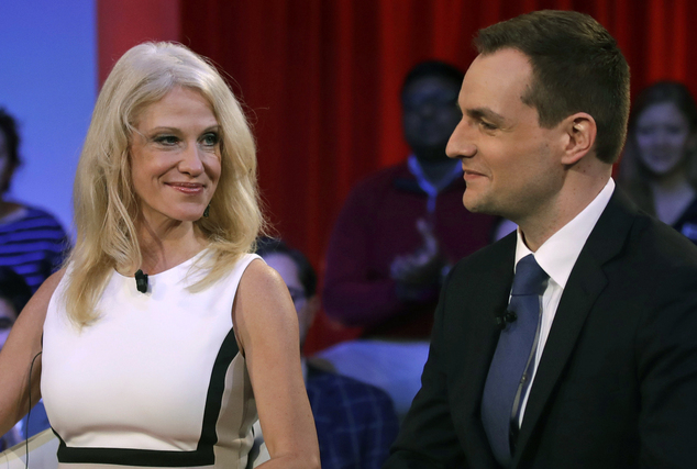 Kellyanne Conway Trump Pence campaign manager left looks towards Robby Mook Clinton Kaine campaign manager prior to a forum at Harvard University's Kenn