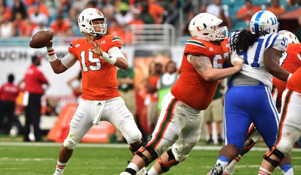 Nov 26 2016 Miami Gardens FL USA Miami Hurricanes quarterback Brad Kaaya throws a touchdown pass during the first half against Duke Blue Devils at Hard Rock Stadium