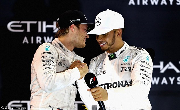 Lewis Hamilton congratulating Mercedes team-mate Nico Rosberg after the Grand Prix