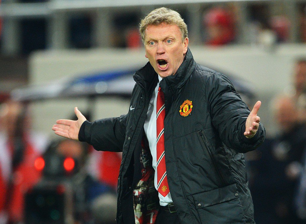 PIRAEUS GREECE- FEBRUARY 25 Manchester United manager David Moyes reacts on the touchline during the UEFA Champions League Round of 16 first leg match between Olympiacos FC and Manchester United at Karaiskakis Stadium