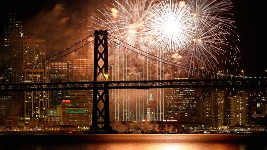 Fireworks light up the sky over the San Francisco Oakland Bay Bridge and the city skyline as part of New Year's Eve celebrations Friday Jan. 1 2016 in San Francisco